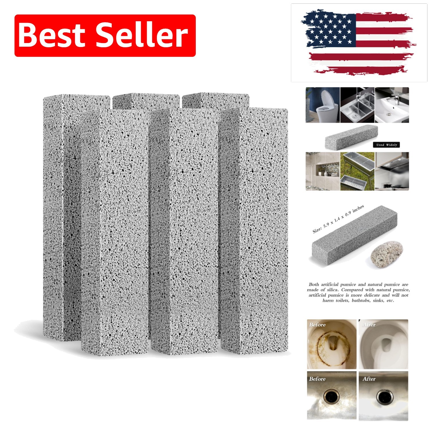 6Pack Pumice Stone for Toilet Cleaning Bowl Stick,Powerfully Cleans Hard Wate…
