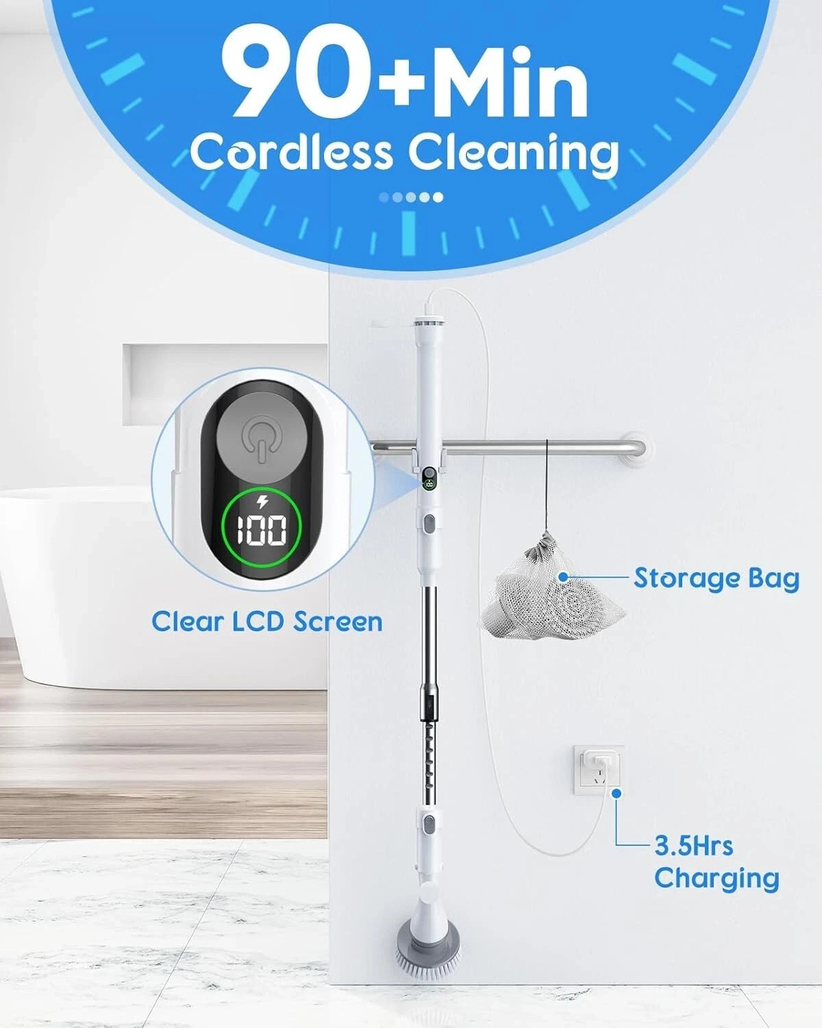 Electric Spin Scrubber with Big Display Fast Charging Cordless Cleaning Brush