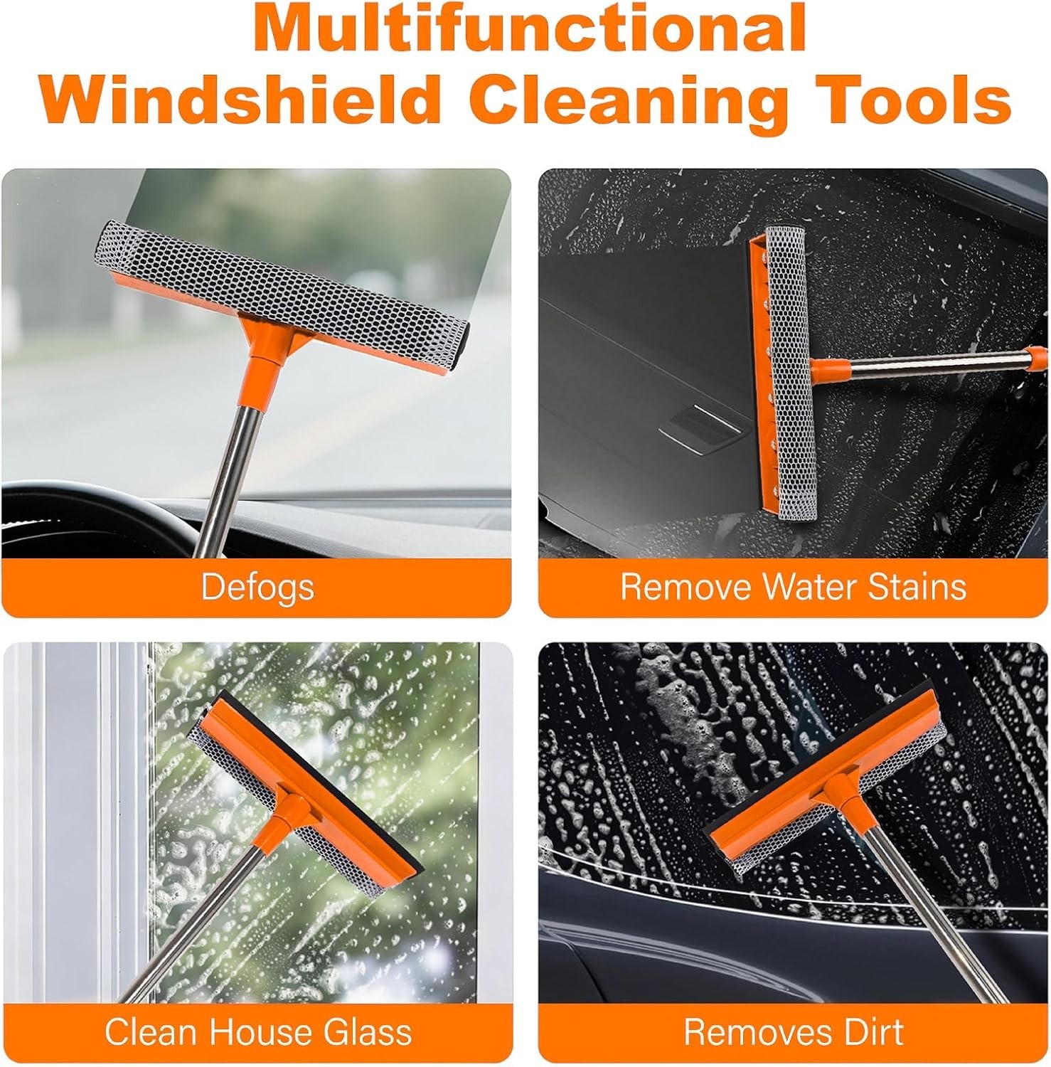 2 in 1 Car Windshield Squeegee with 15.3 to 23.6 Inch Retractable Handle Orange