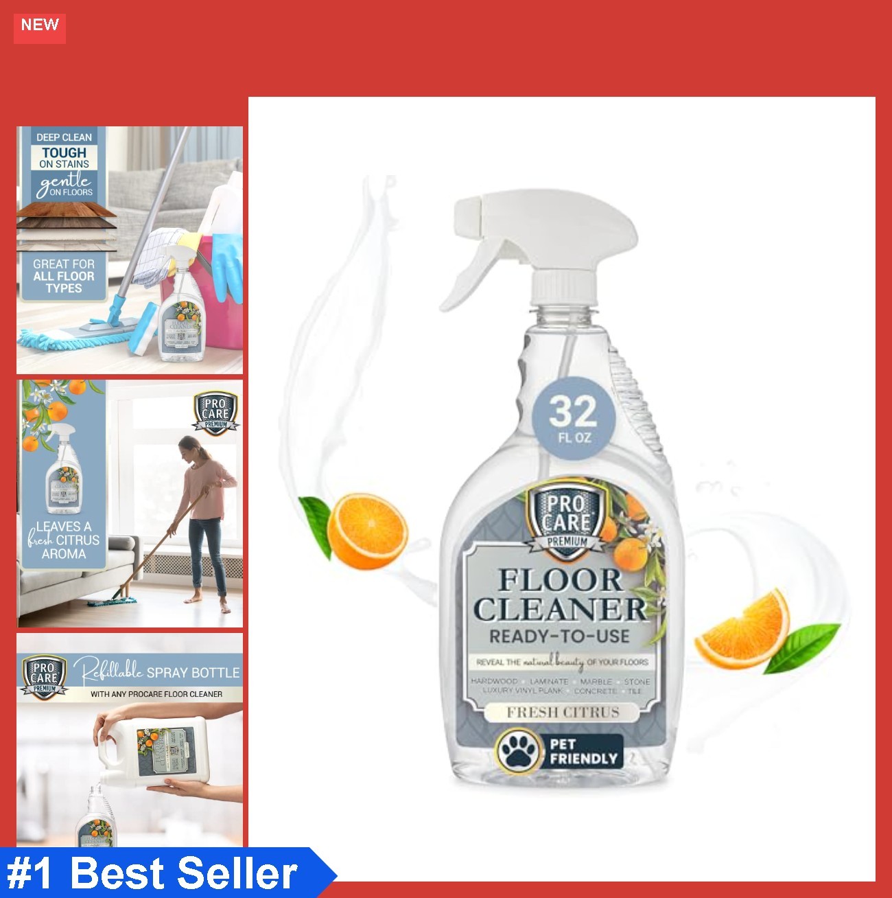 Citrus Floor Cleaner 32oz Liquid for Hardwood Tile Laminate Streak-Free No Rinse