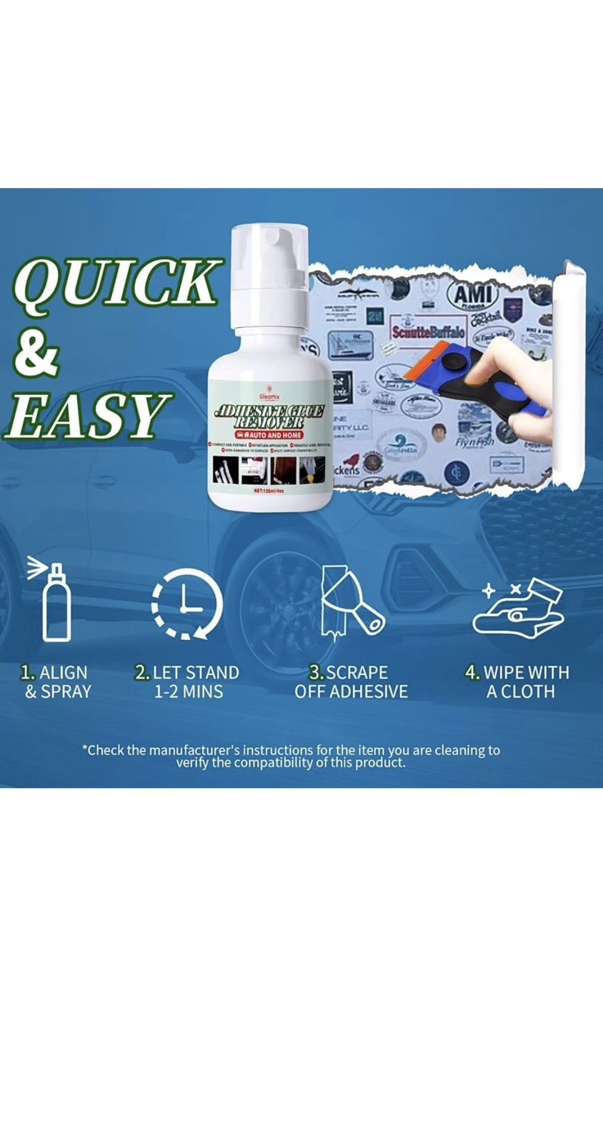Gleamix Adhesive Remover~4.0 fl oz Sticker Remover Spray w/ Scraper & Towel~NIP