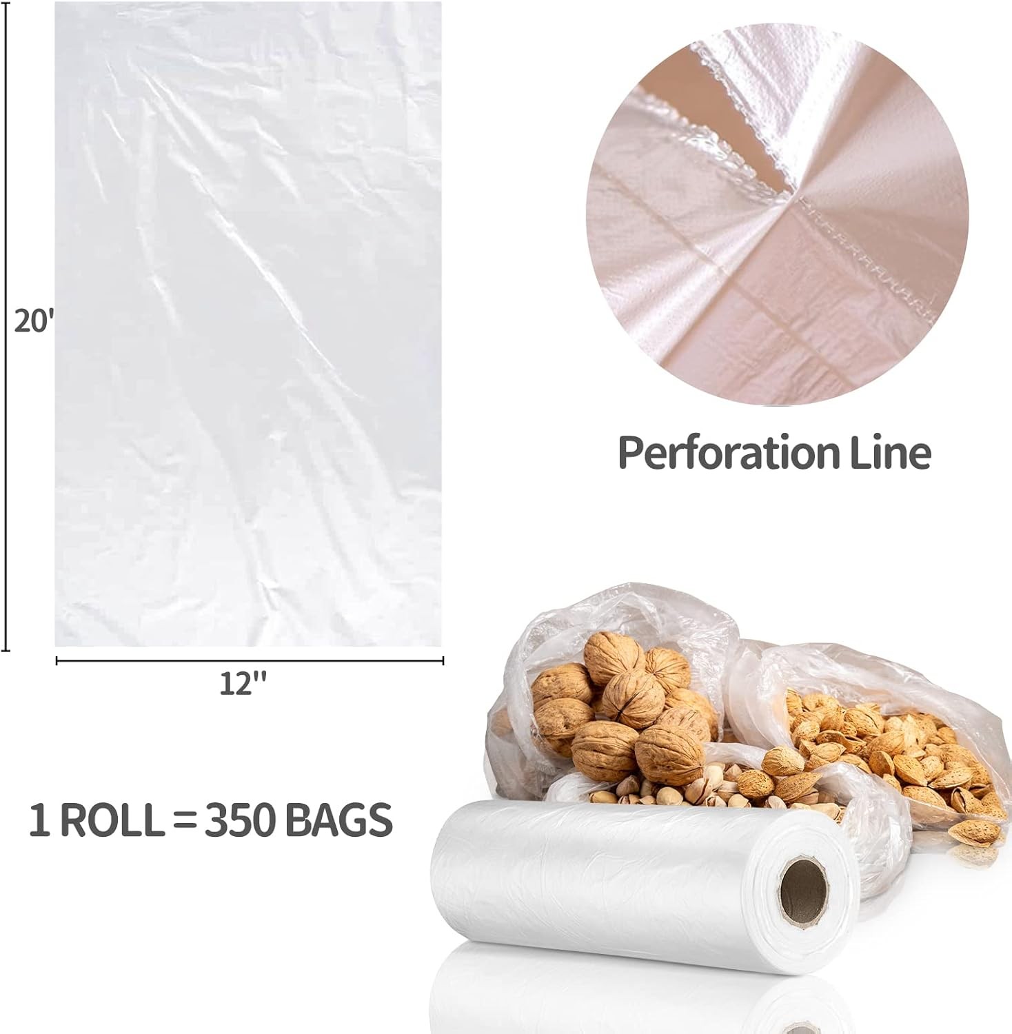 12?? x 20?? Plastic Produce Bags, Food Storage Bags 350pcs on a Roll, Clear Prod