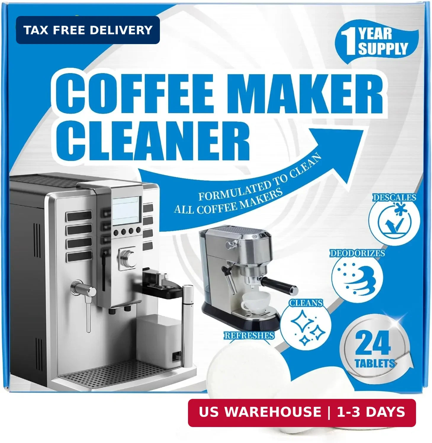 24-Pack Coffee Machine Cleaner Descaler Tablets, Descaling & Deep Cleaning Tabs
