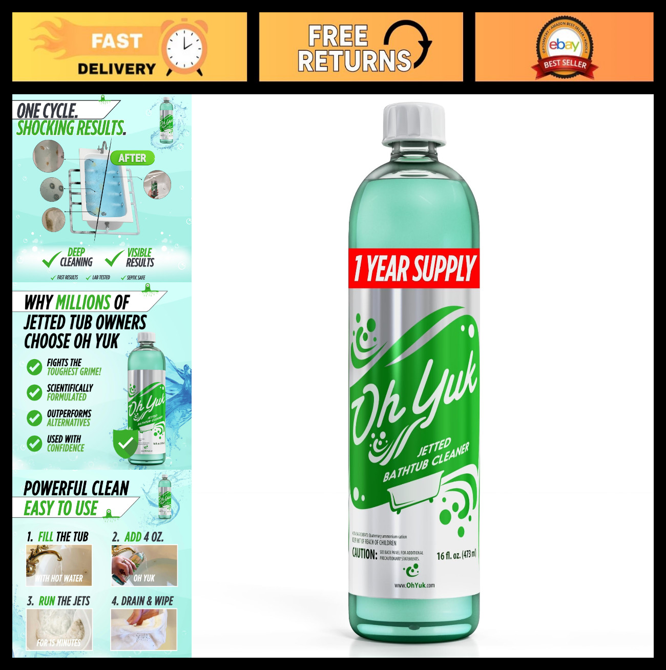 Jetted Tub Cleaner for Jacuzzis & Whirlpools – Septic Safe, 16oz, 4 Uses