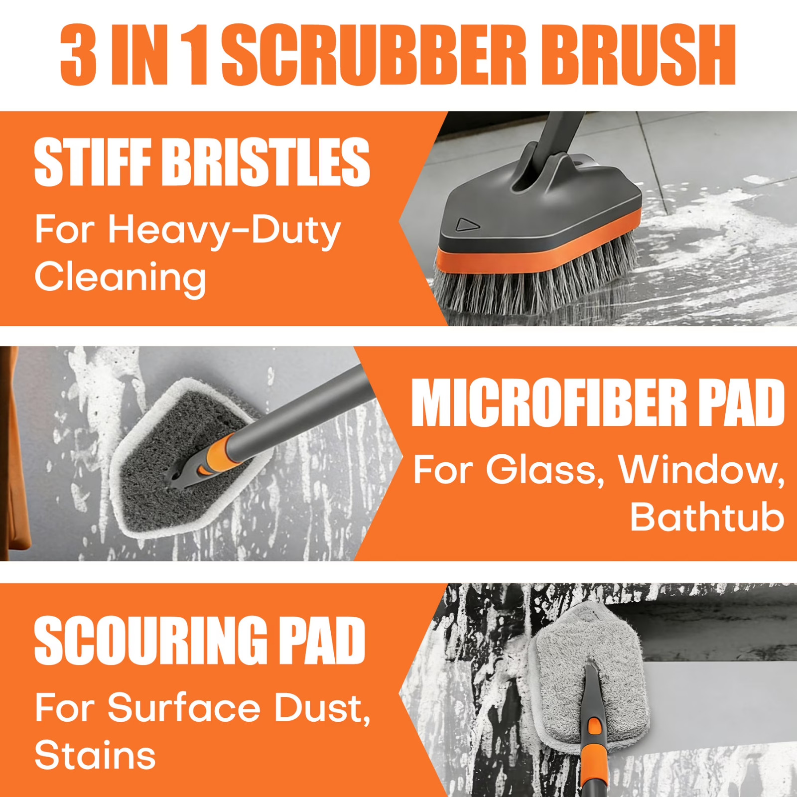 Extendable Tub Tile Scrubber Brush 3 in 1 Long Handle Bathroom Shower Cleaner