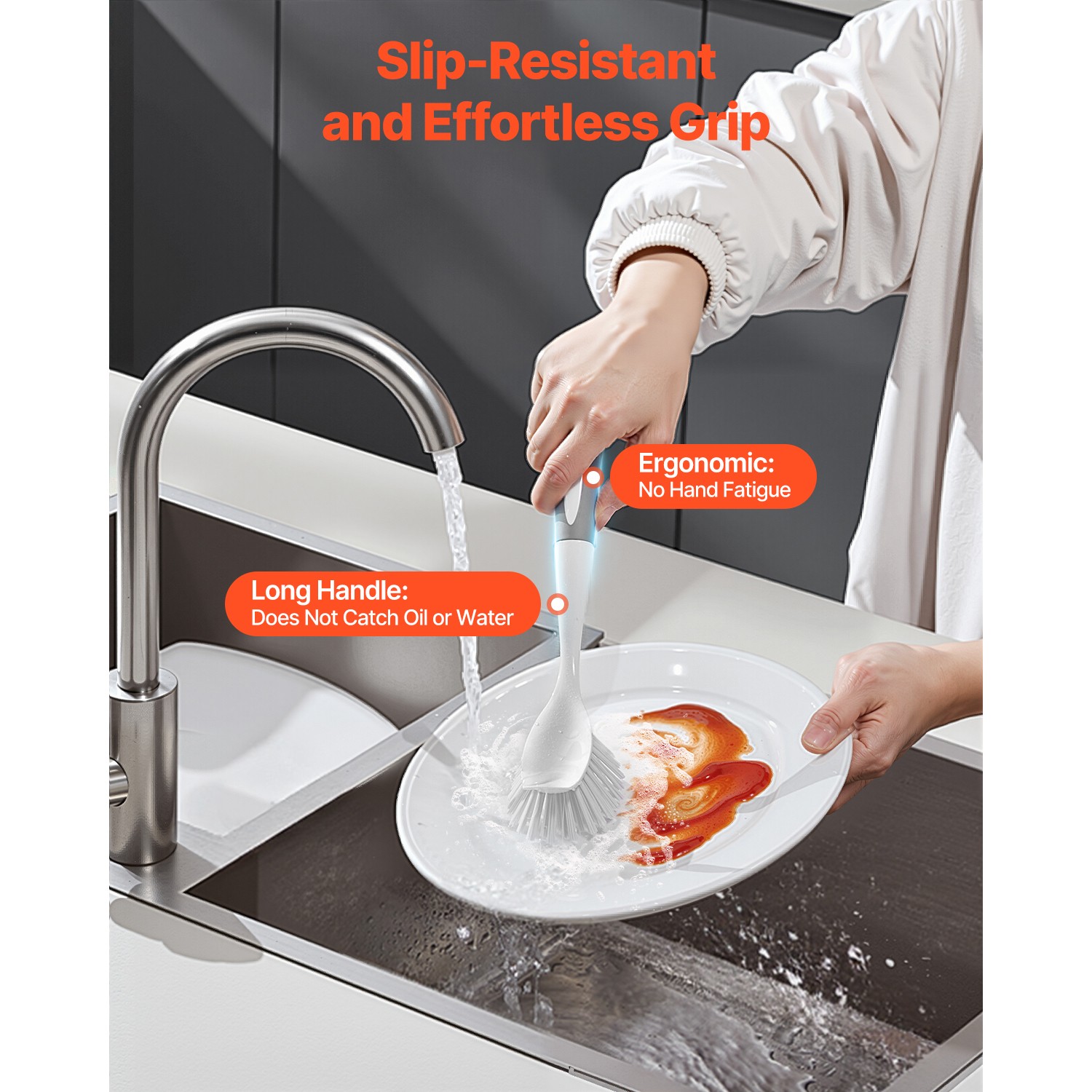 Uimoso Set of 4 Kitchen Scrub Brushes with PP Handle – 2 Gray & 2 Orange