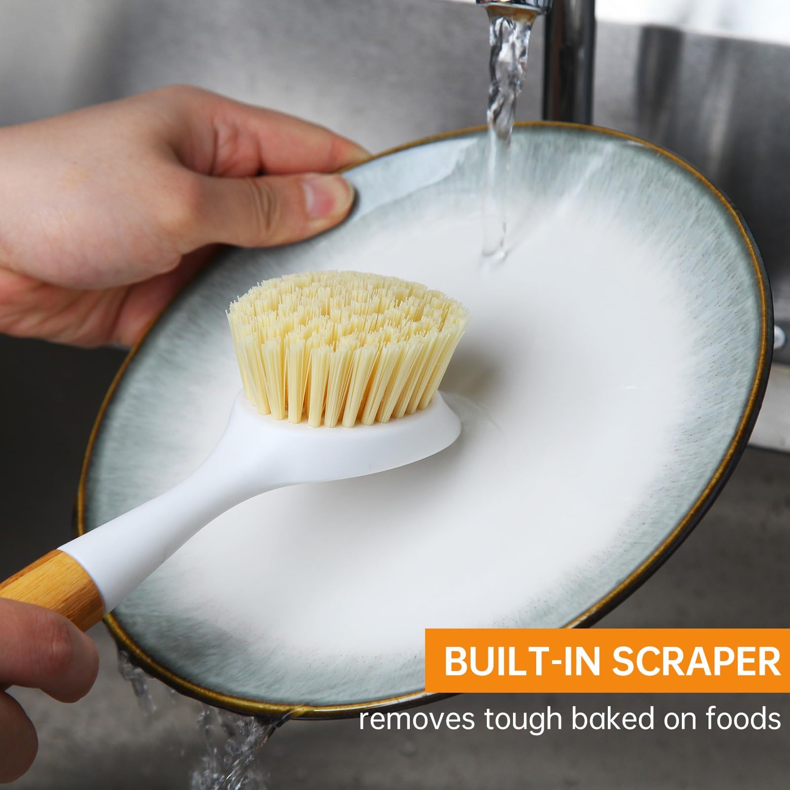 3 Pack Dish Brush Set with Bamboo Handle, Dish Scrubber Built-in Scraper, Kit…