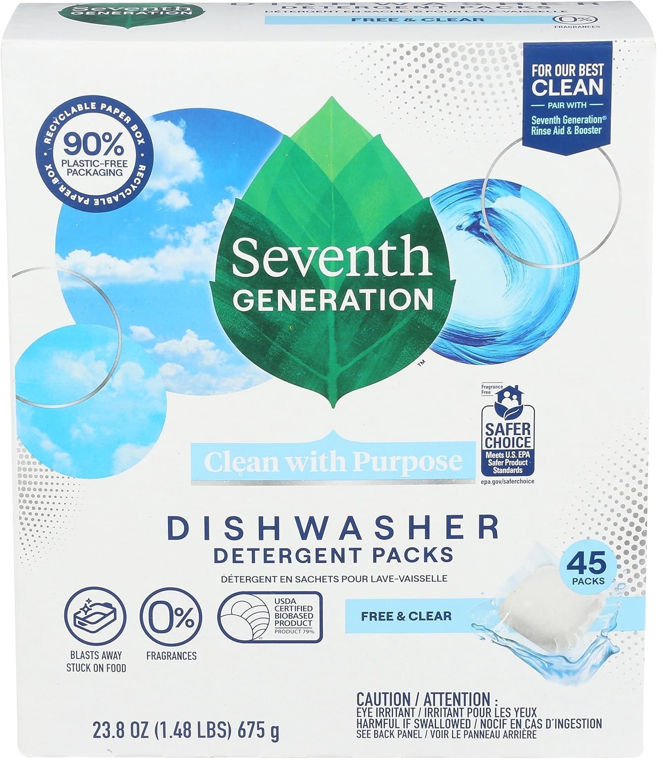 Dishwasher Detergent Packs, Free & Clear, 45 Packs, 23.8 oz (675 g)