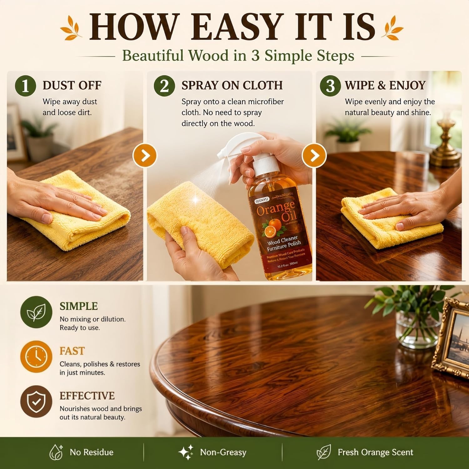 Professional-Grade Wood Cleaner & Polish with Orange Oil – Non-Toxic 10.2 Fl Oz