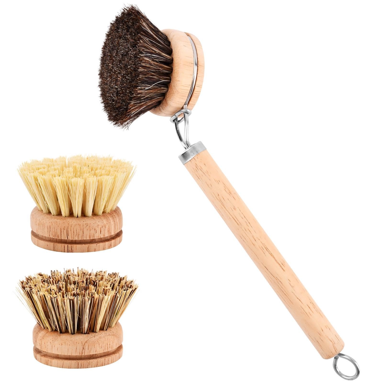 Bamboo Dish Brush Set, 1 Wooden Handle with 3 Natural Bristle Heads All Purpose