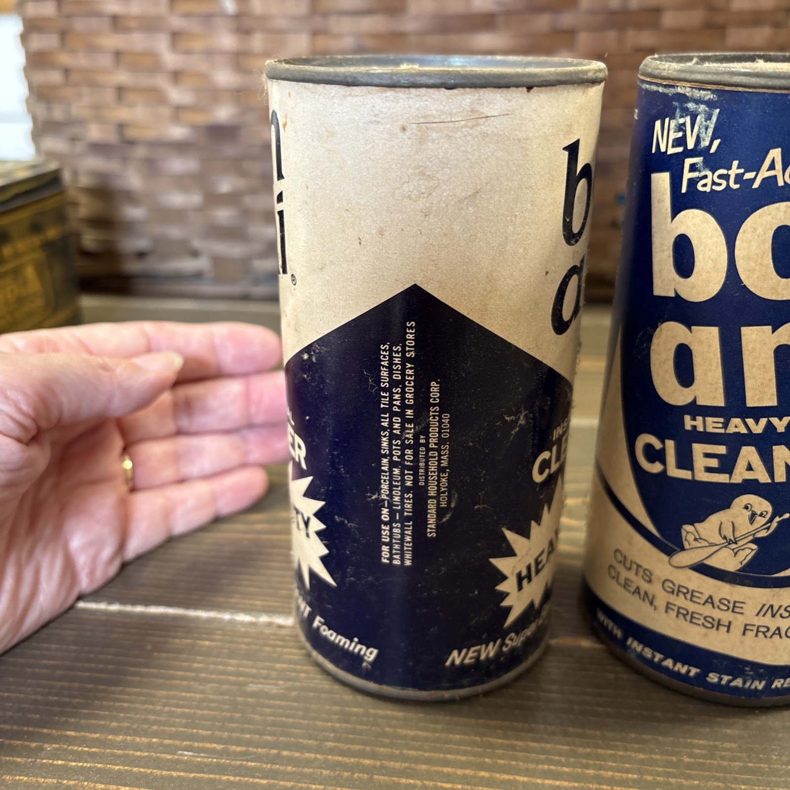 2- 1950s Bon Ami Cleanser Cans Institutional Cleanser Blue Advert Vintage FULL