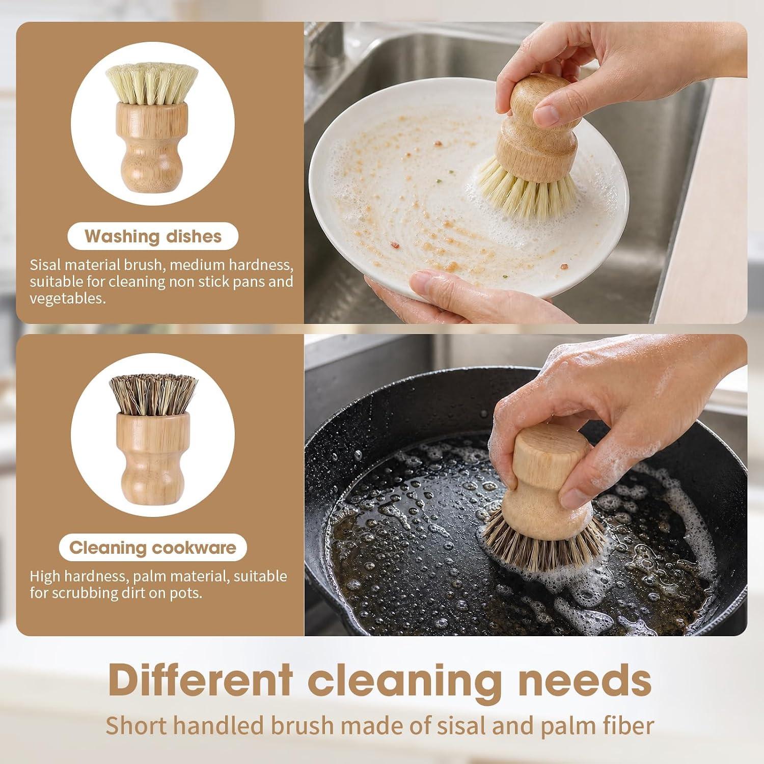 6 Pack Bamboo Dish Brush & Sponge Set, Wooden Handle Kitchen Scrub Brushes with
