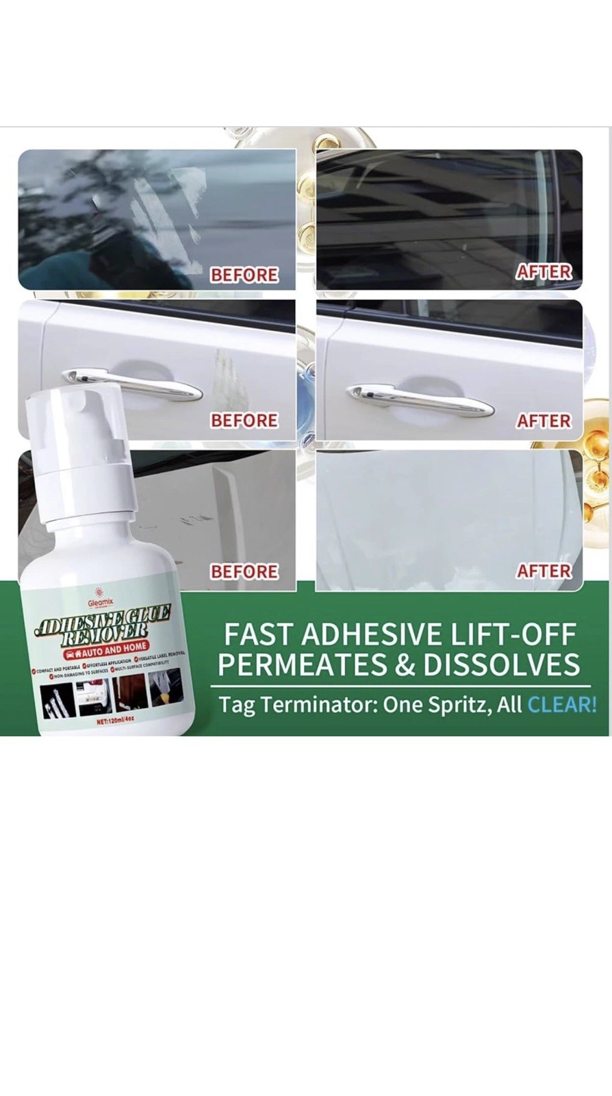 Gleamix Adhesive Remover~4.0 fl oz Sticker Remover Spray w/ Scraper & Towel~NIP