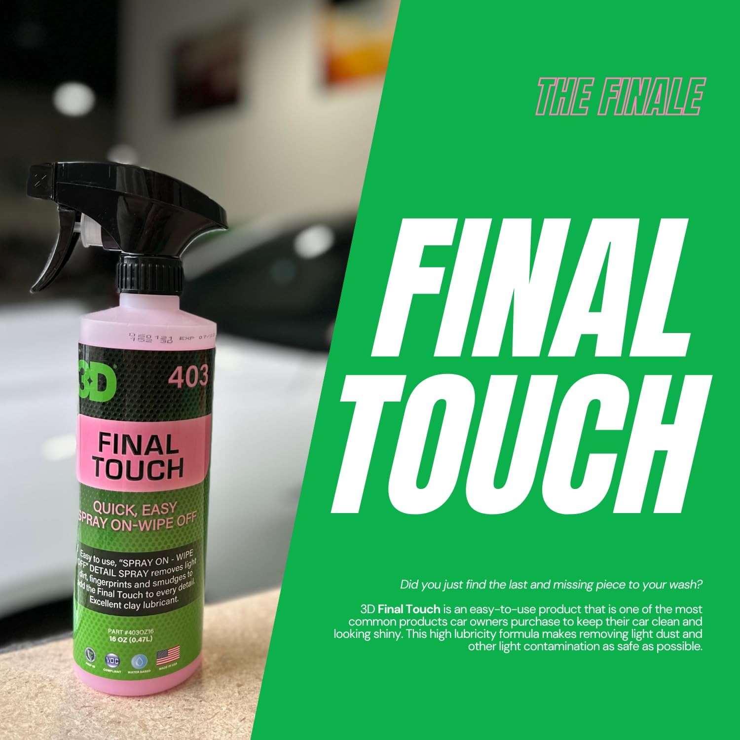 3D Final Touch Car Detail Spray 16 Fl Oz Waterless Shine with Cherry Scent