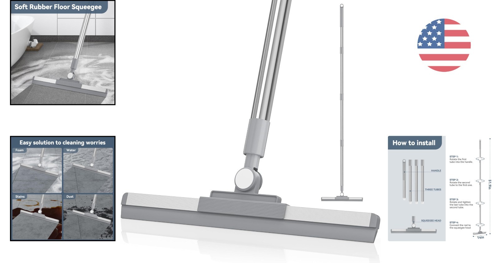 High-Quality 14.2-Inch Rubber Blade Squeegee, 180° Rotating & Adjustable Length