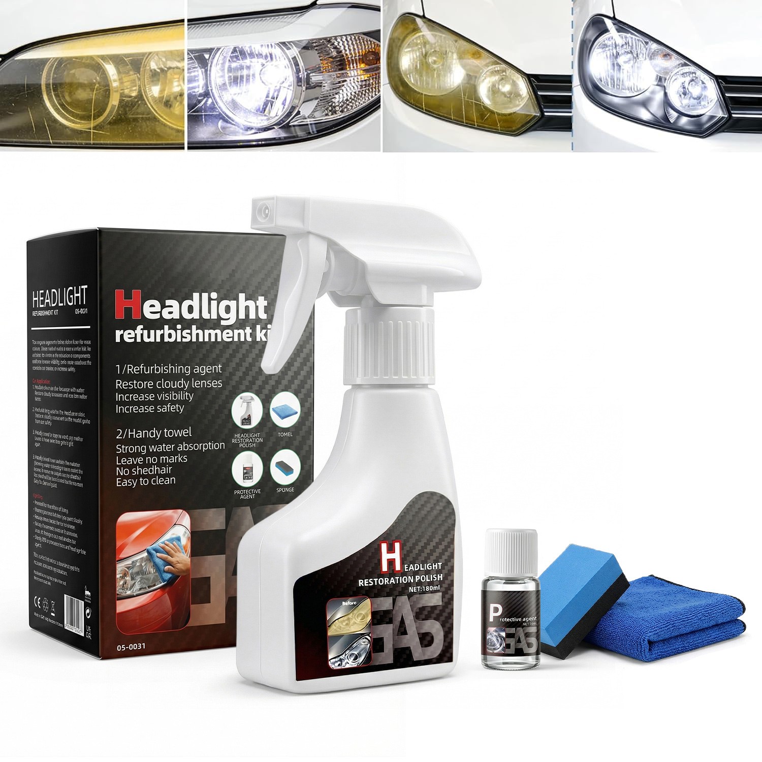 2026 Automotive Headlamp Restoration Fluid Kit 180ml Headlight Polishing Cleaner