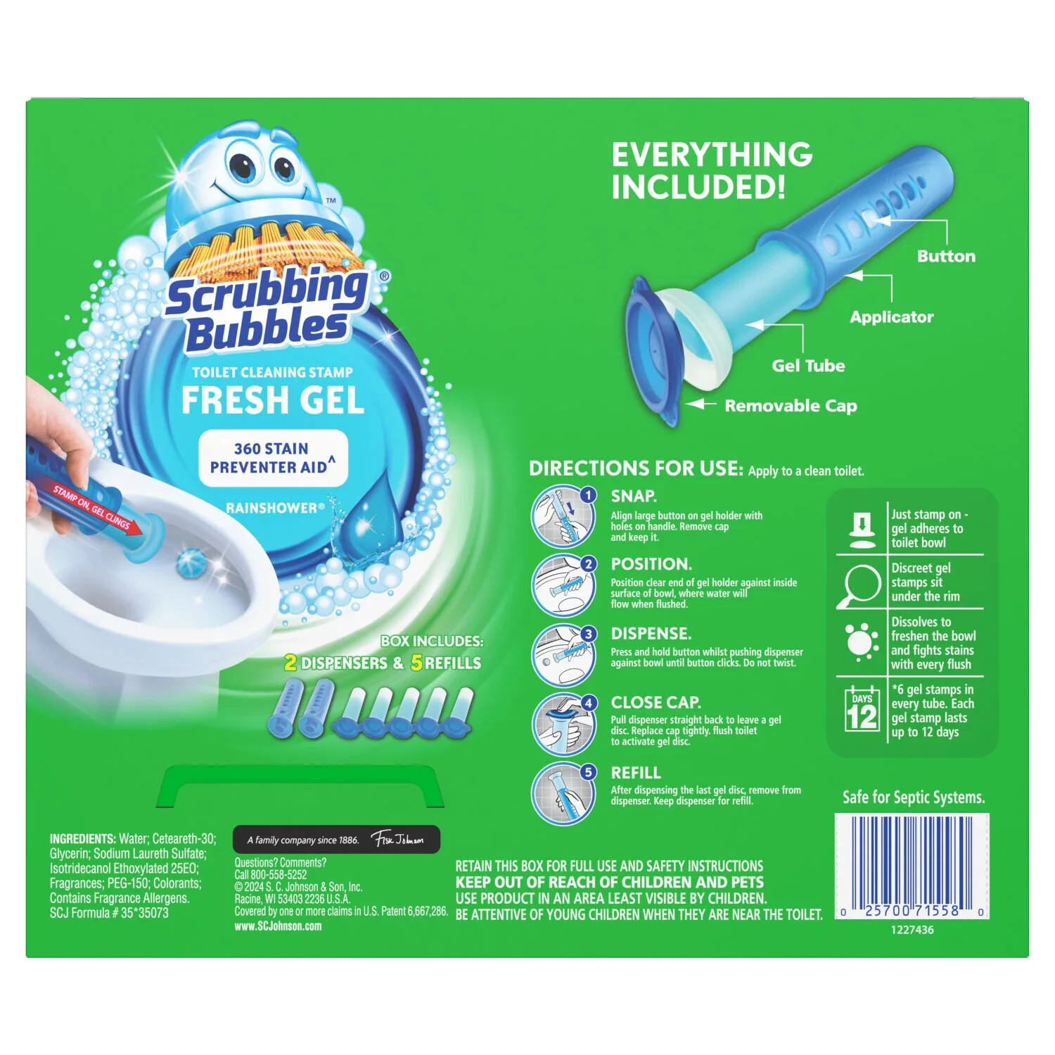 Scrubbing Bubbles Toilet Gel Stamps Rainshower 2 Dispensers + 30 Refills.