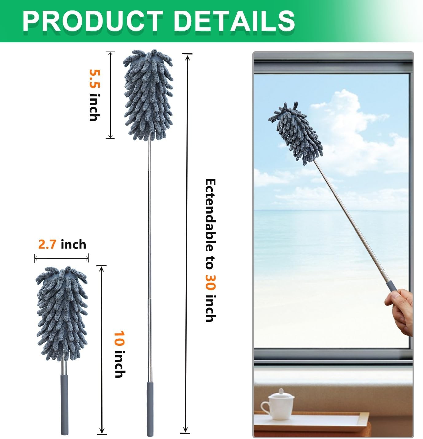 2 Pack Microfiber Duster for Cleaning, Washable Dusters, Extendable Pole, Up to