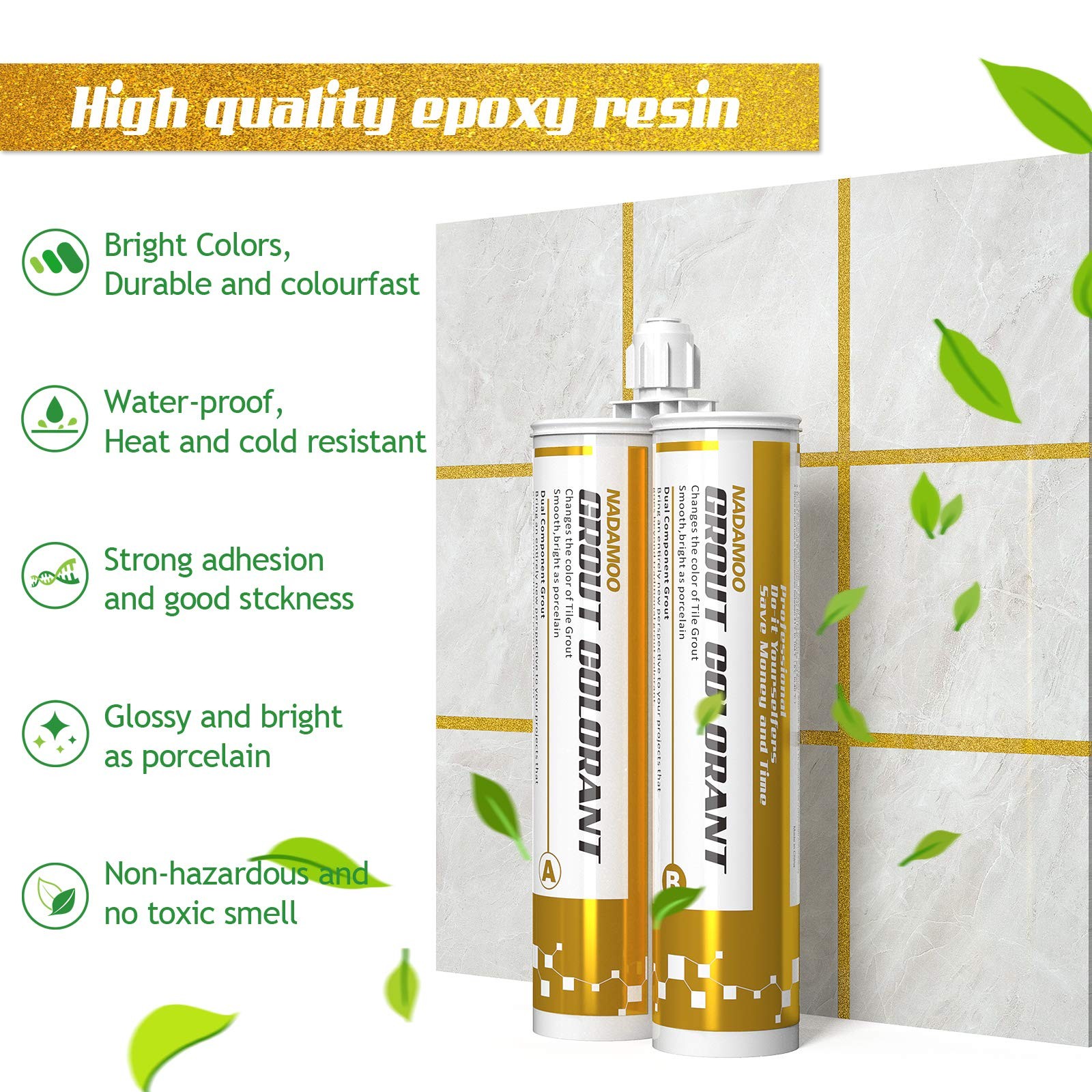 NADAMOO Epoxy Grout Glittering Gold, Dual Tubes Waterproof Tile Grout 19oz 40…