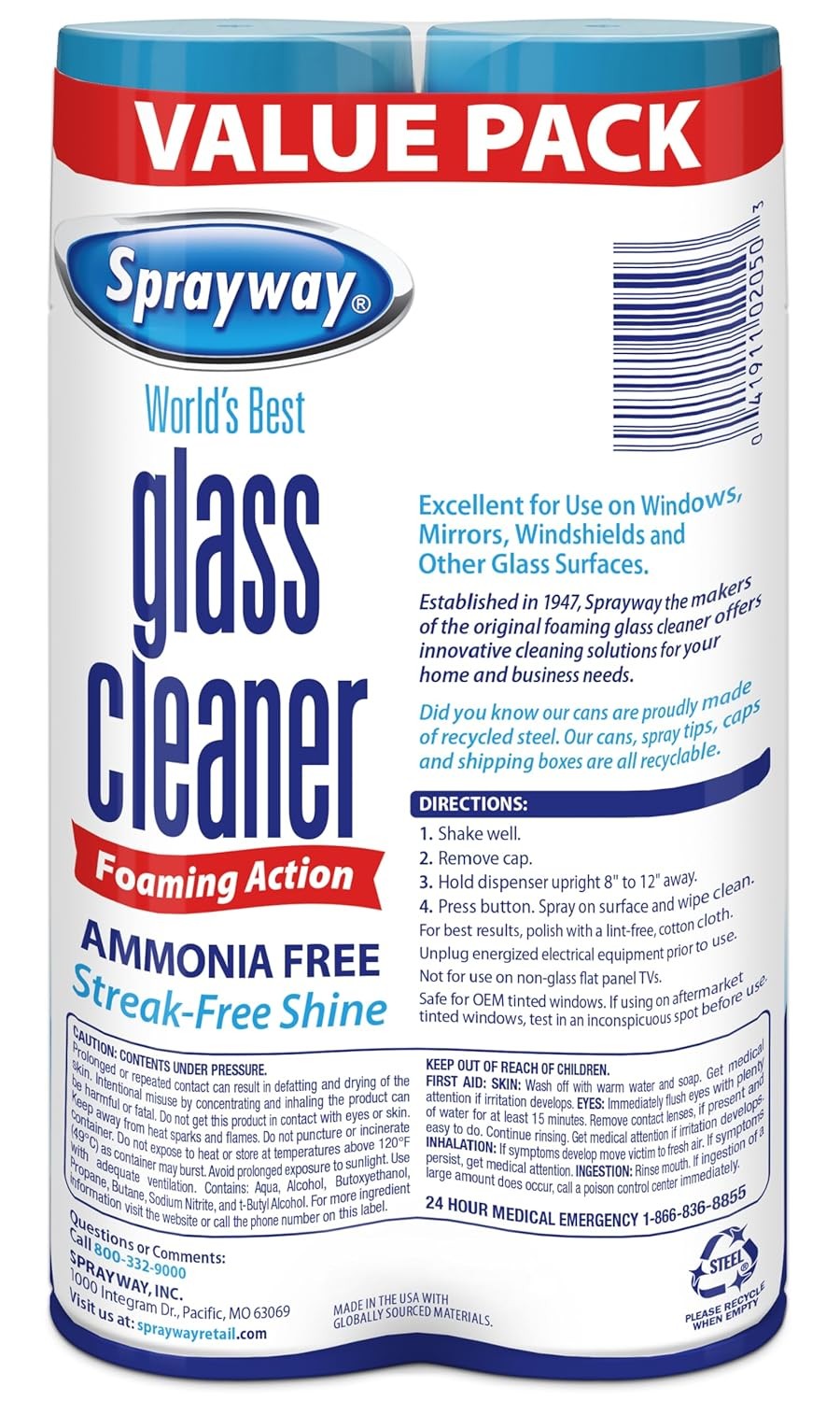 Sprayway Glass Cleaner Aerosol Foam Spray 19oz 2 Pack Ammonia Free Window