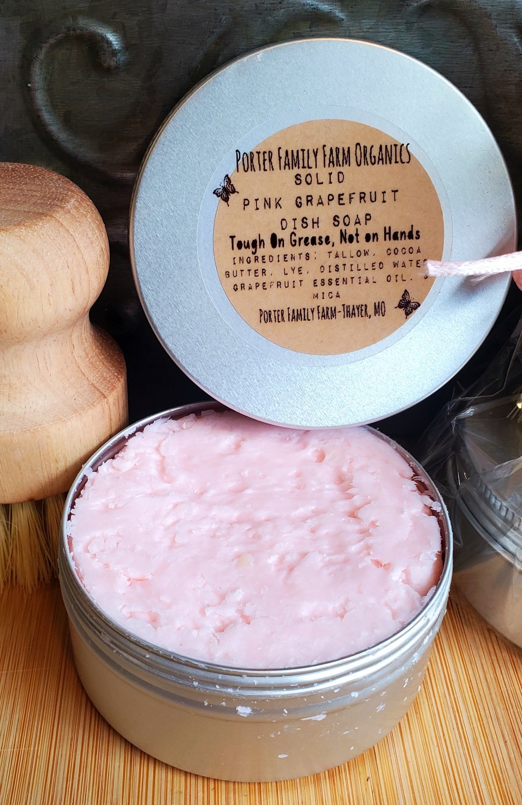 Solid Dish Soap & Scrub Brush*Pink Grapefruit* Porter Family Farm Organics 4oz
