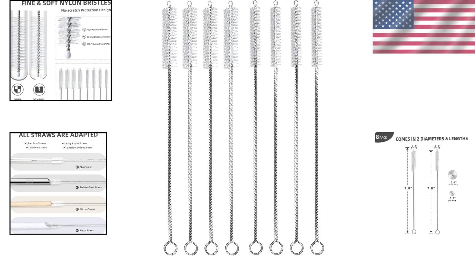 Multi-Purpose Straw Brush Set, 8pc Reusable Nylon Stainless Steel Cleaning Tube