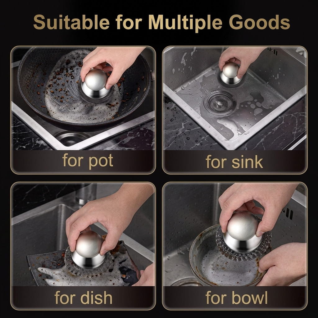 6 in 1 Stainless Steel Scrubber Brush Kitchen Cleaning Brush with Metal Handle
