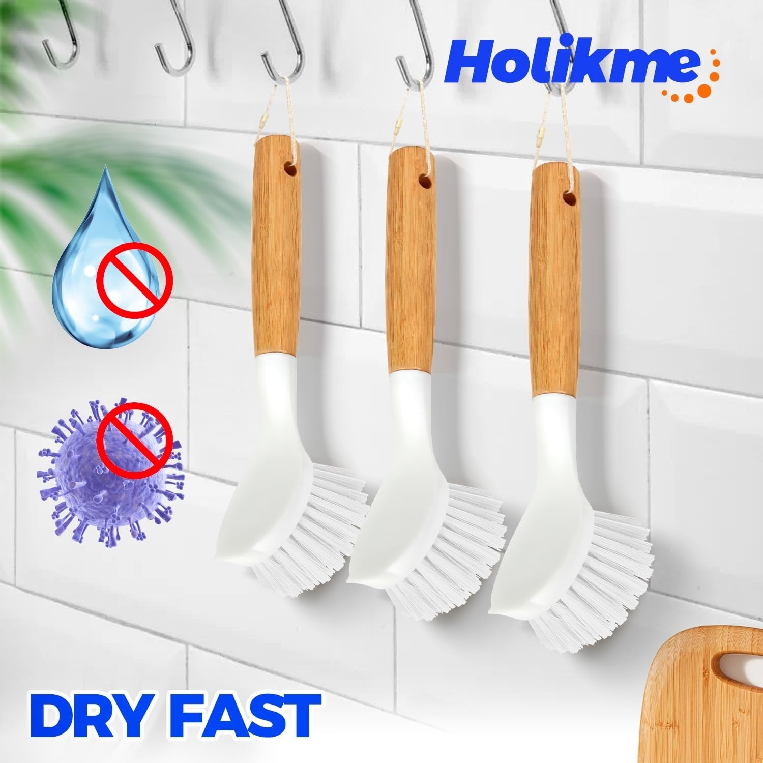 3 Pack Dish Brush Set with Bamboo Handle, Kitchen Brushes for Cleaning Pot, Sink