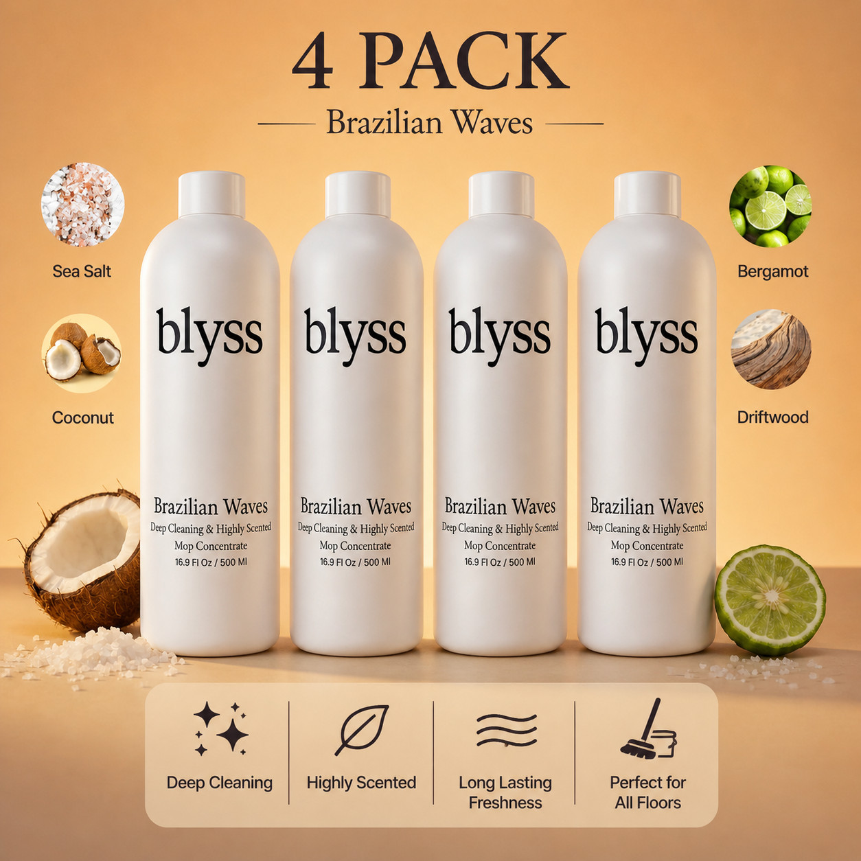 Blyss Natural Scented Mop Soap Flavour Brazilian Waves 4 Packs