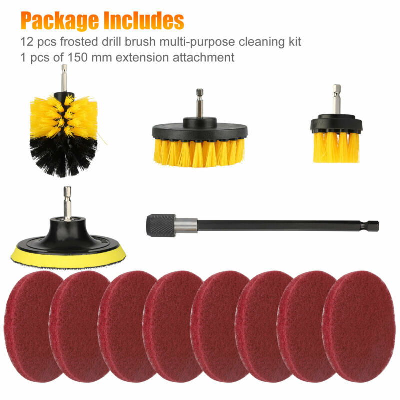 13x Drill Brush Attachment Set Power Scrubber Combo Car Grout Tile Extension Rod