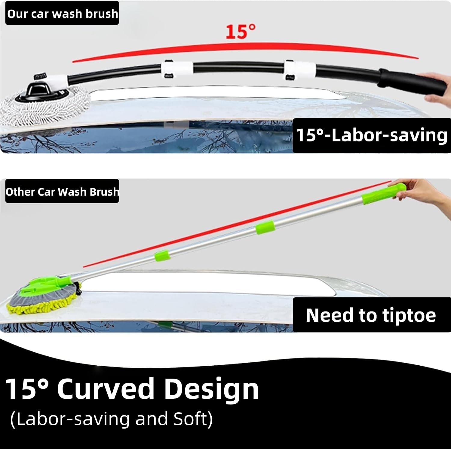15° Curved Car Wash Brush with Long Handle 43″ Microfiber Cleaning Mop Telesc…