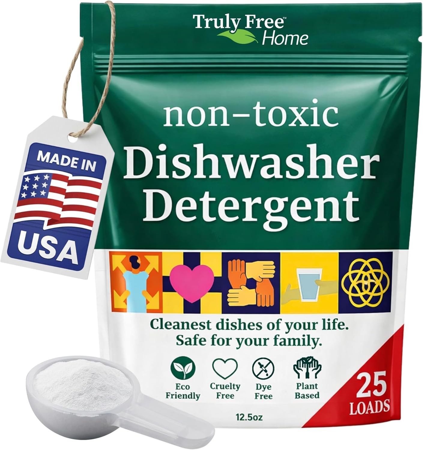 Truly Free natural dishwasher soap. Plastic-free, heavy duty stain remover