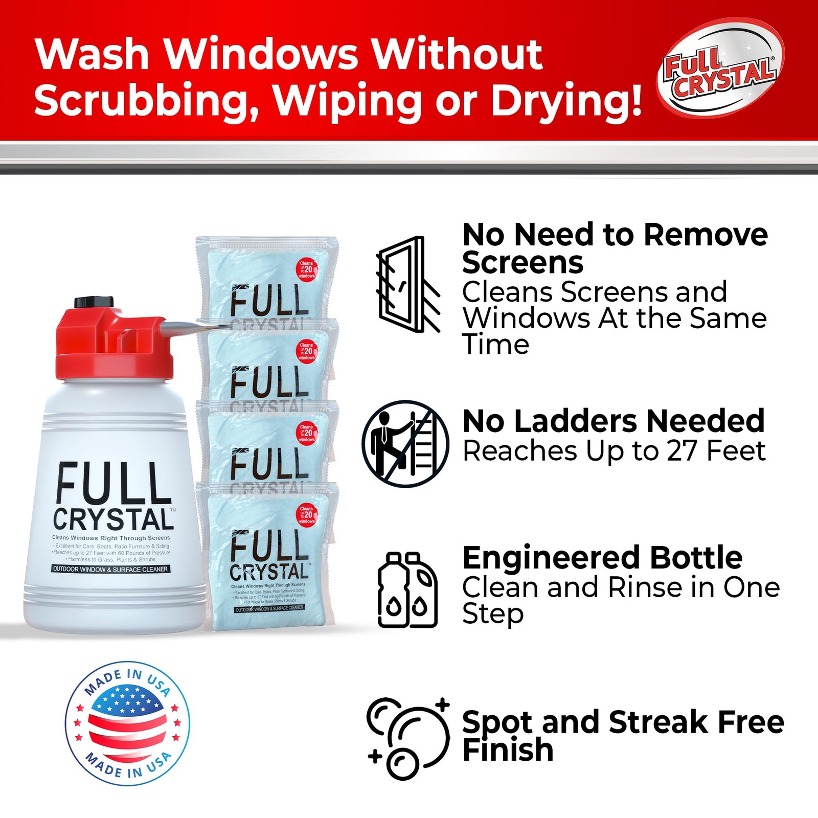 Window Cleaning Kit – 16 oz Glass Cleaner and Bottle with 27 ft Reach, Each 4…
