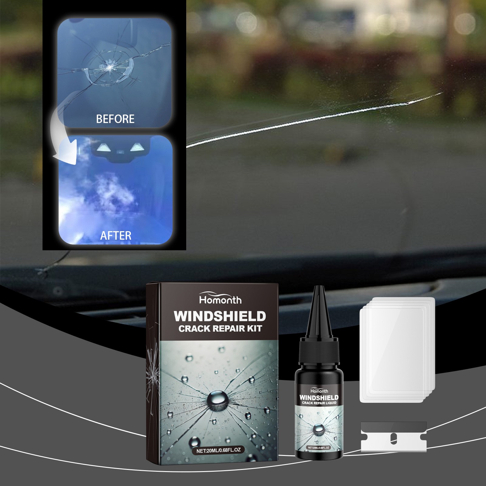 Automotive Glass Repair Kit Fluid Fix Car Windshield Resin Chip Crack Tool