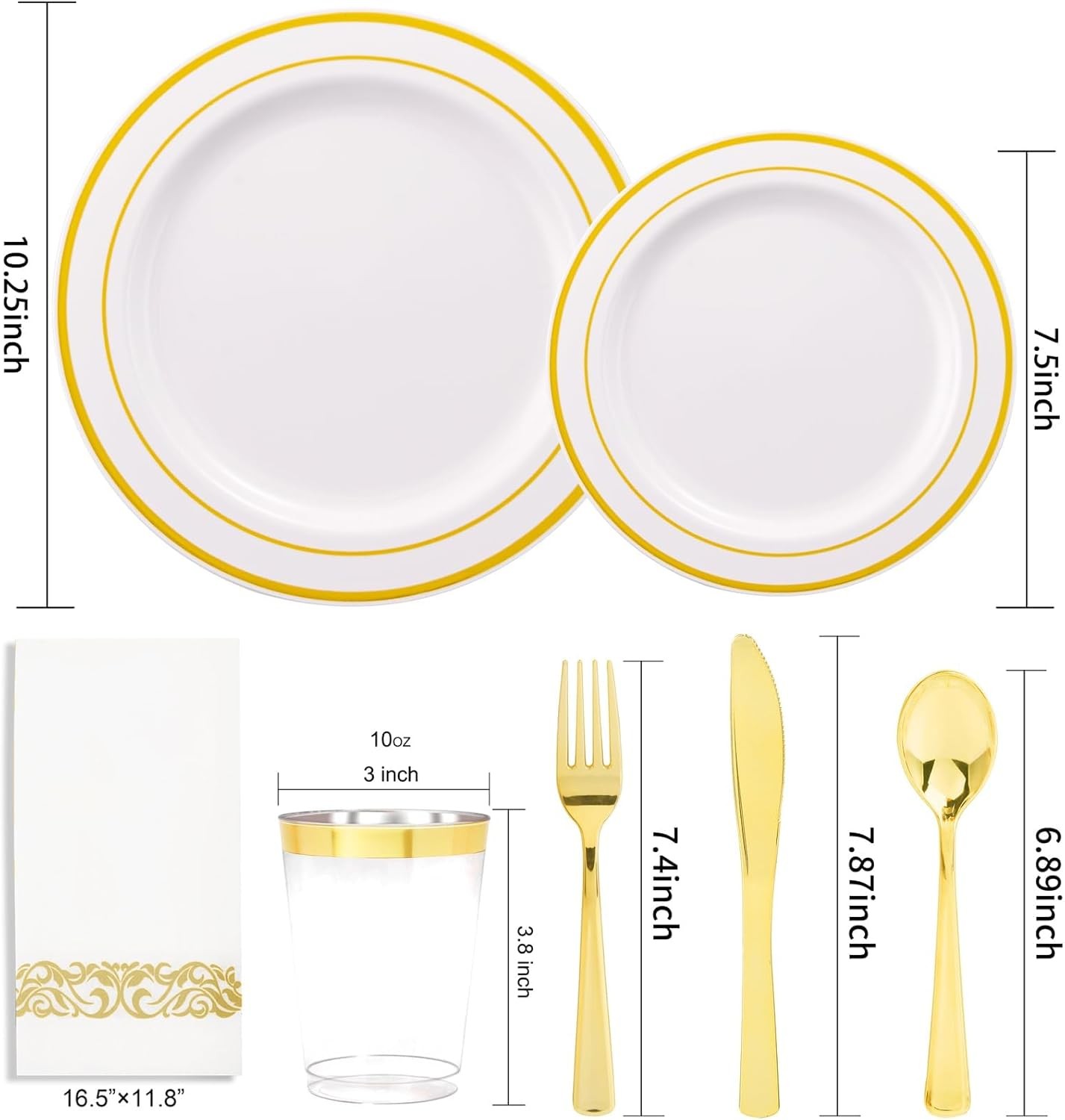 350 Pieces White and Gold Plastic Plates – 50 Guest Dinnerware Set Include 100
