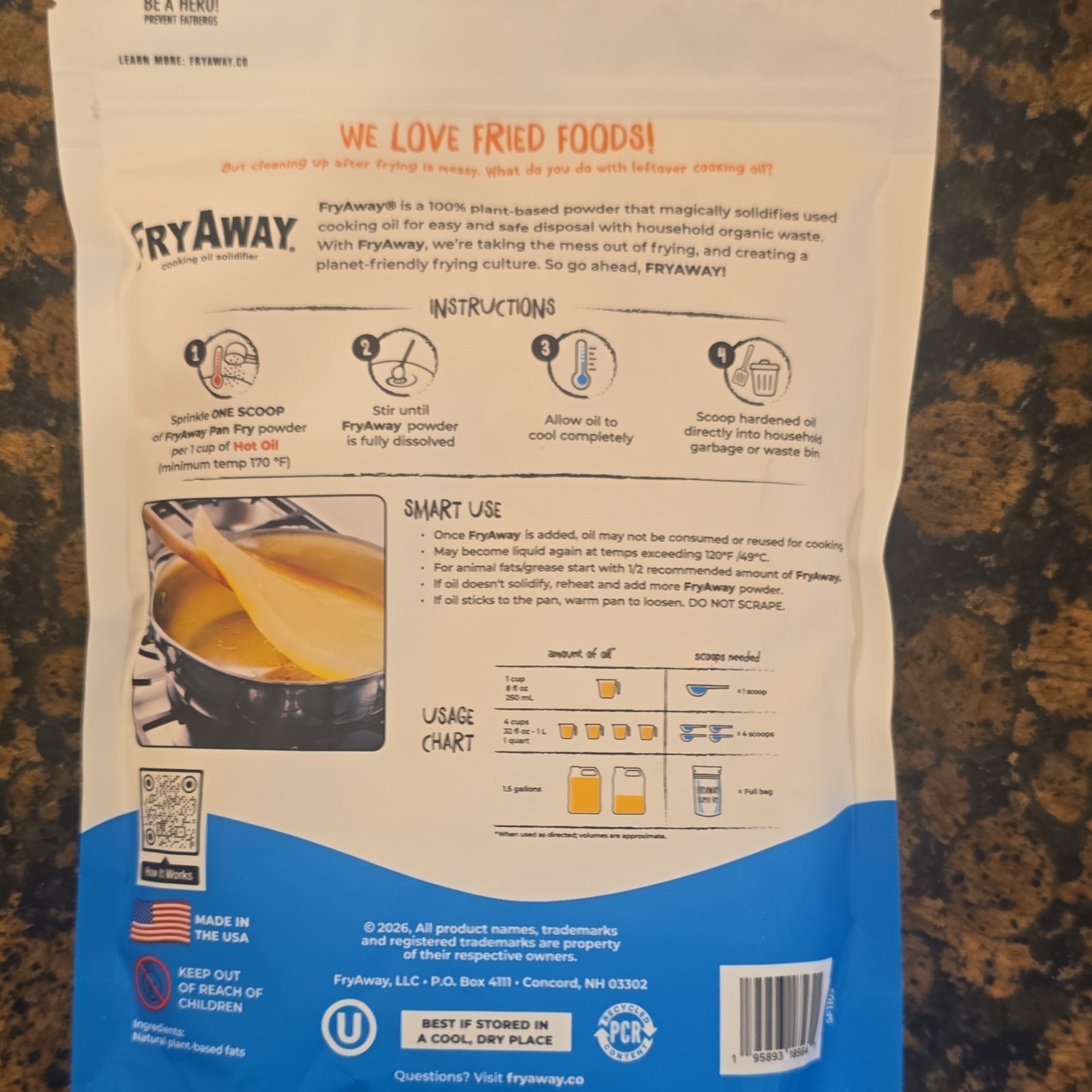FryAway Plant-Based Cooking Oil Solidifier Powder 7 oz, Up to 1.5 Gal
