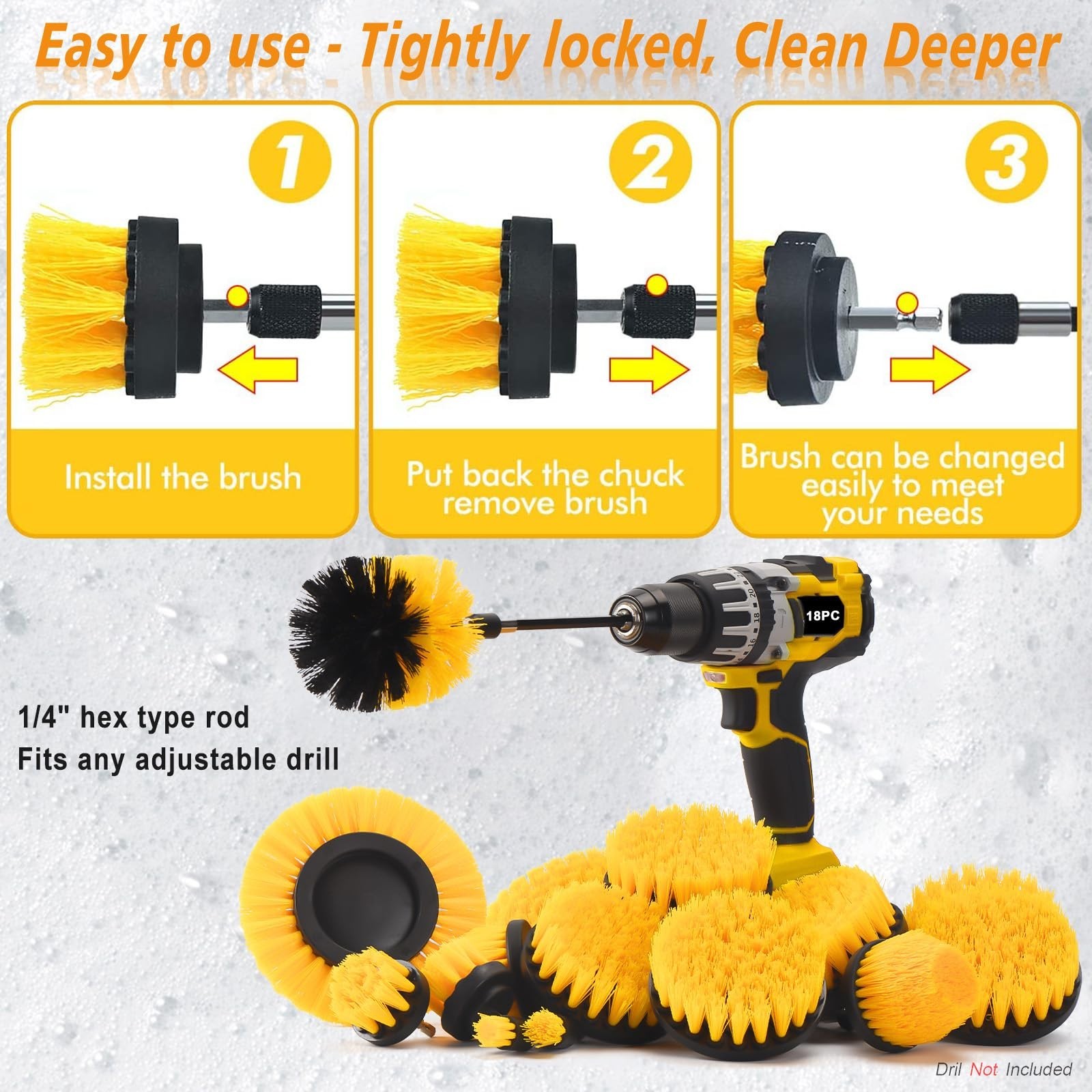 18 Pack Power Drill Brush Set – Scrub Brushes for Car, Bathroom, Carpet, Tile Cl