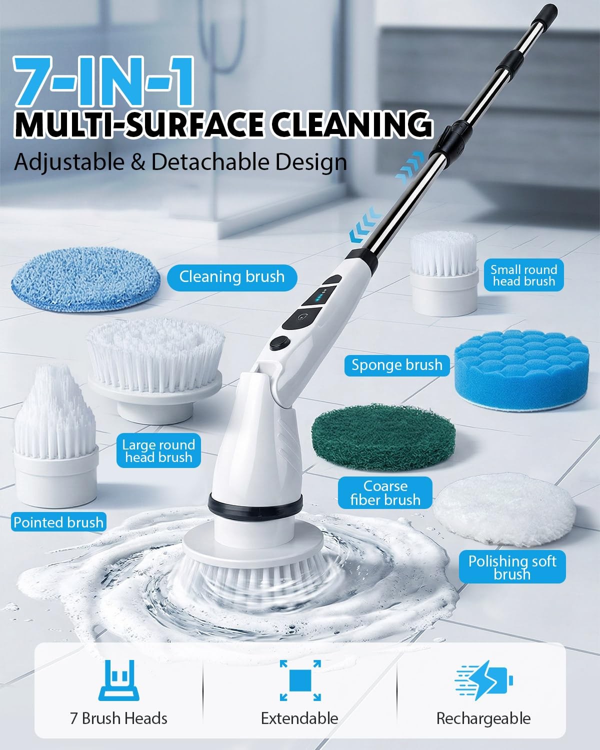Electric Spin Scrubber, Shower Scrubber with Long Handle, 7 Brush Heads, 2-Sp…