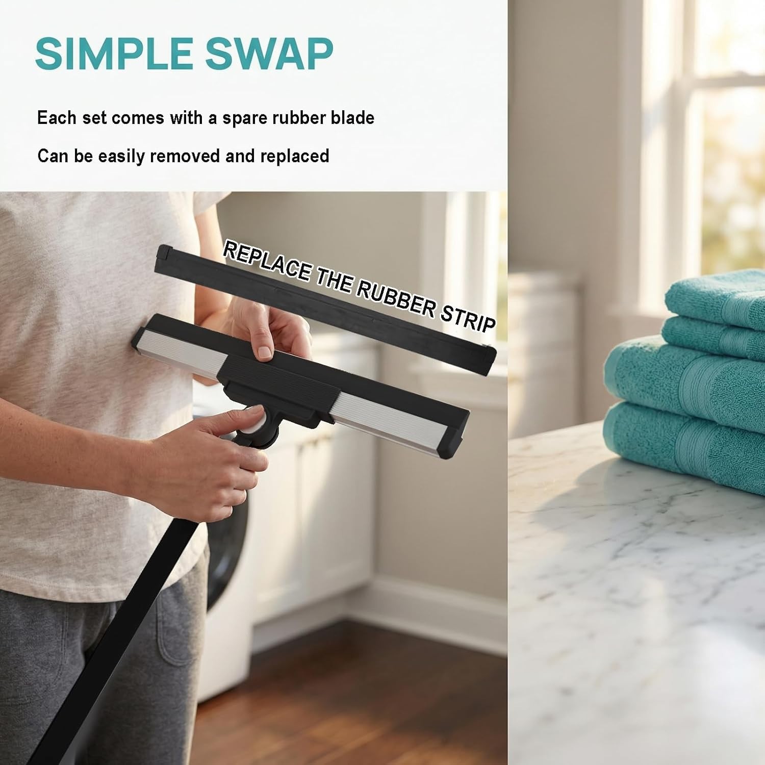 Floor Squeegee Broom – 52″ Long Handle Rubber Scrubber for Bathroom, Tile, Sh…