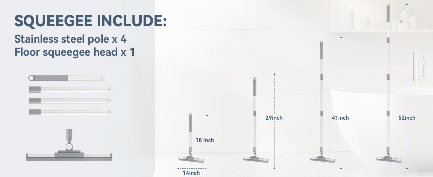 Floor Squeegee with 180° Rotating Head, Squeegee for Floor with 52” Long