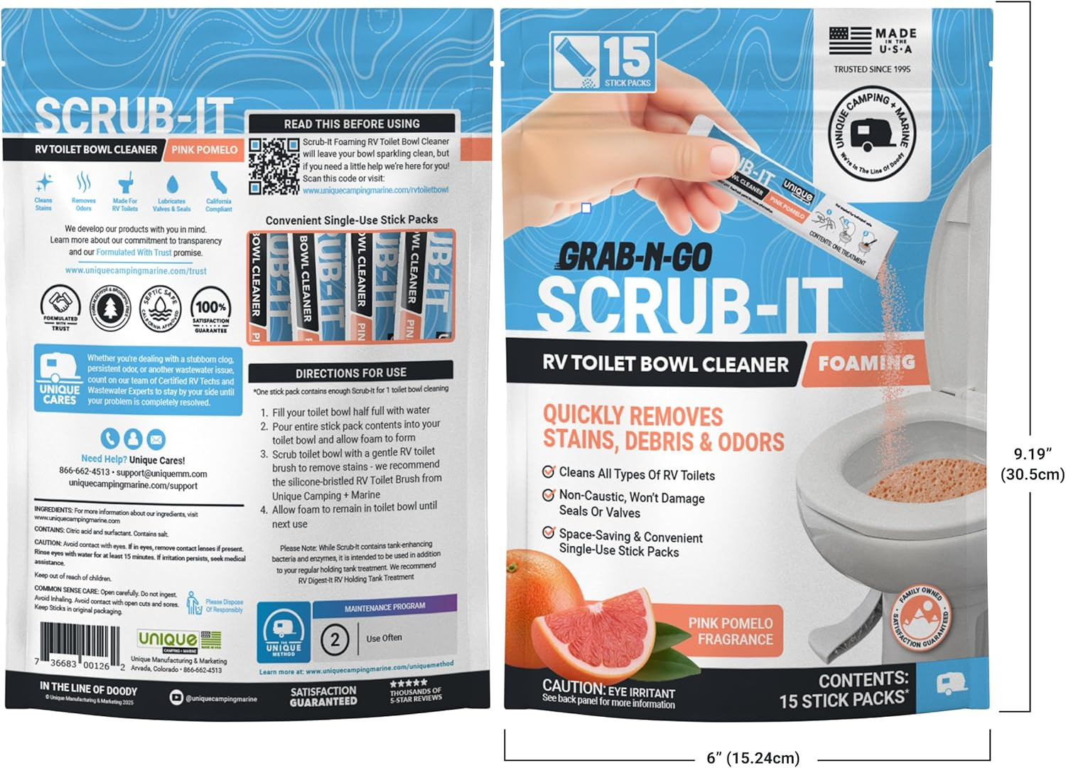 Scrub-It Foaming RV Toilet Cleaner – Pink Pomelo Scent, 15 Count Stick Packs, Pr