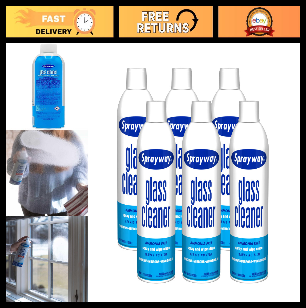 Streak-Free Foaming Glass Cleaner for Home & Auto – 19 oz, Pack of 6