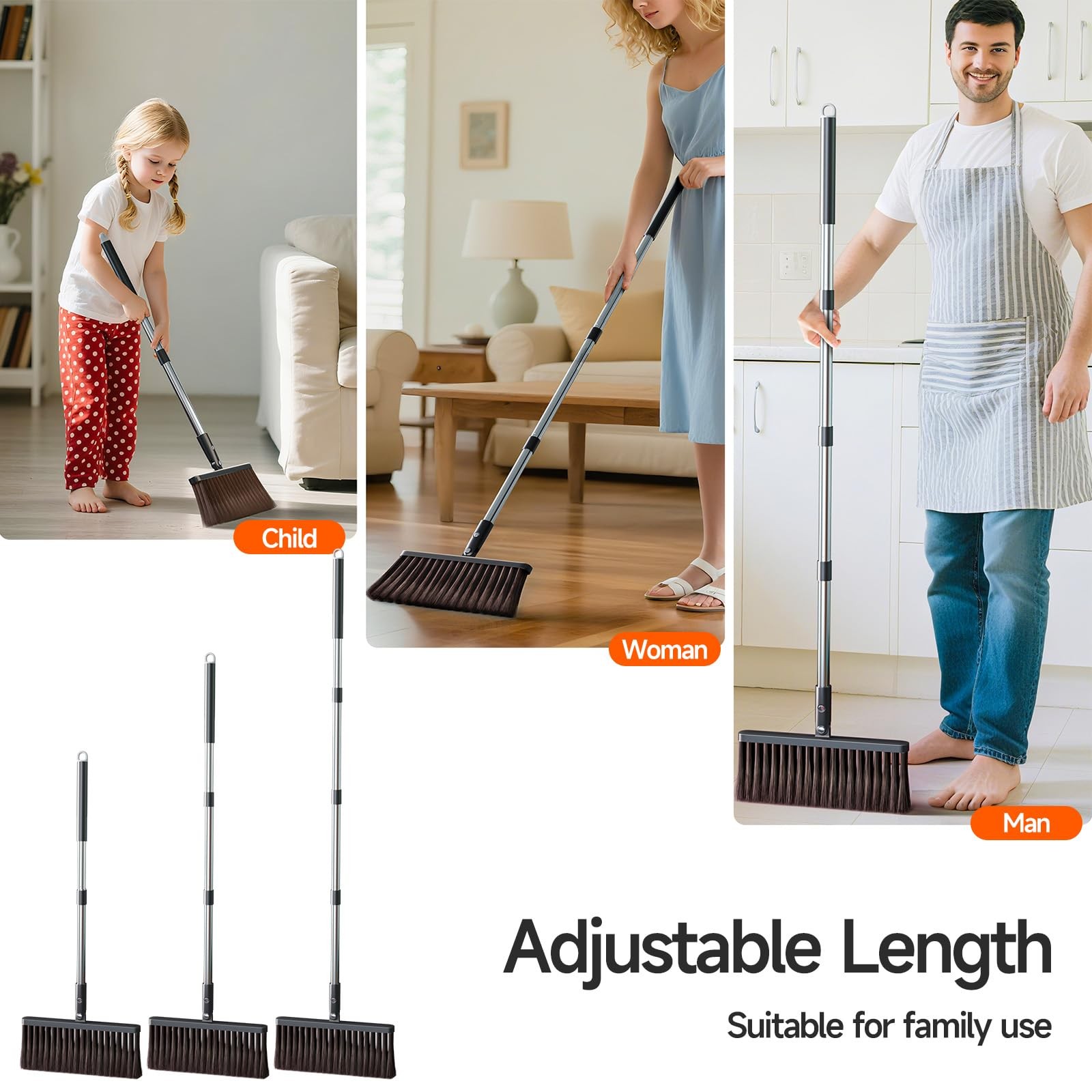 CTIME Broom and Dustpan Set, Extra Brush Head & 51.6″ Adjustable Black, Gray