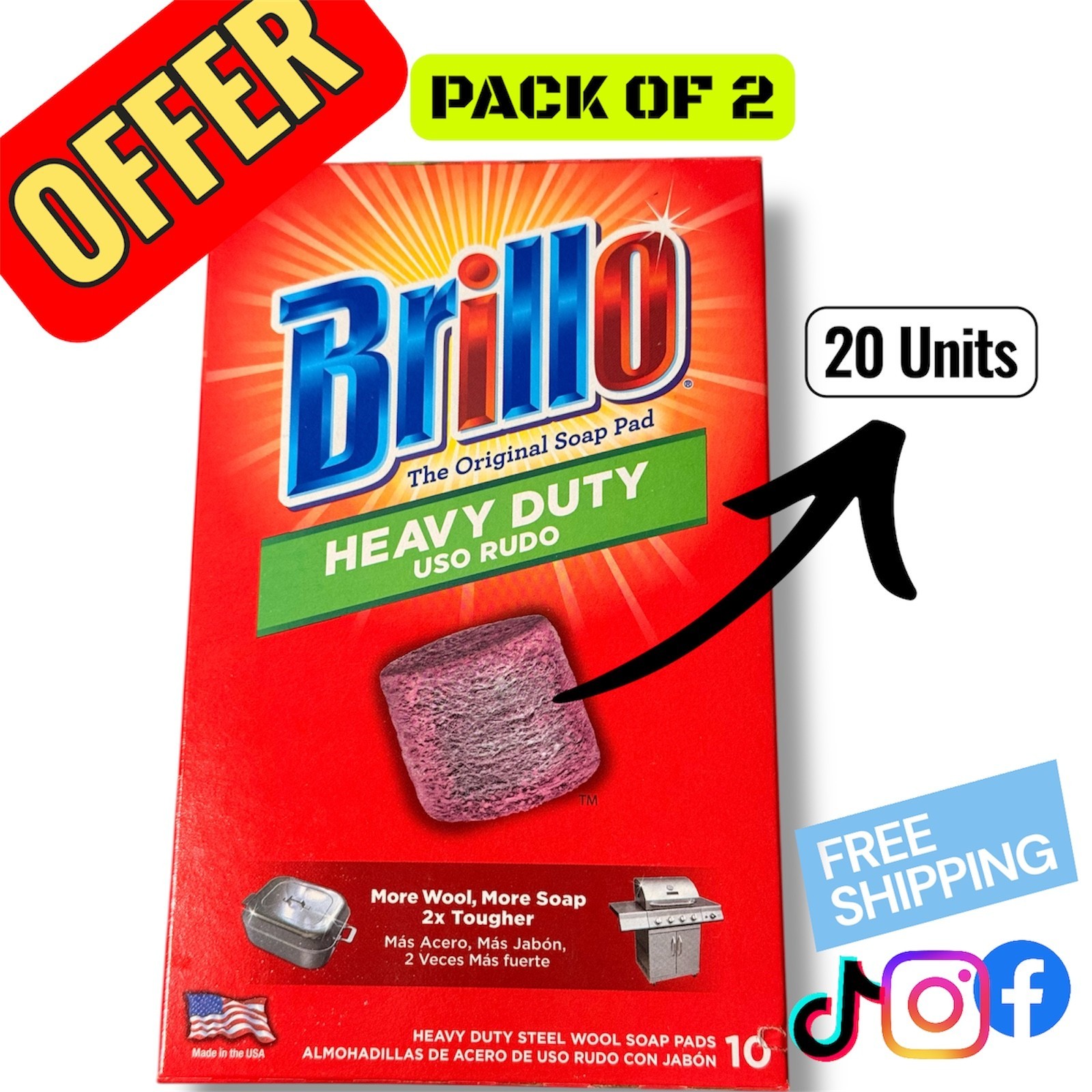 Brillo Heavy Duty Soap Pads 10 Count (Pack of 2) Steel Wool Scrubber Original US