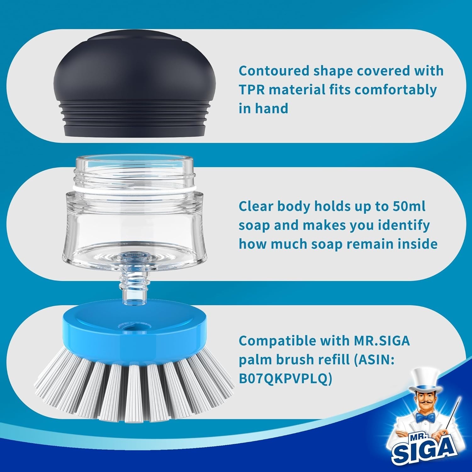 Soap Dispensing Palm Brush Kitchen Dish Scrubber for Pot Sink Cleaning Navy