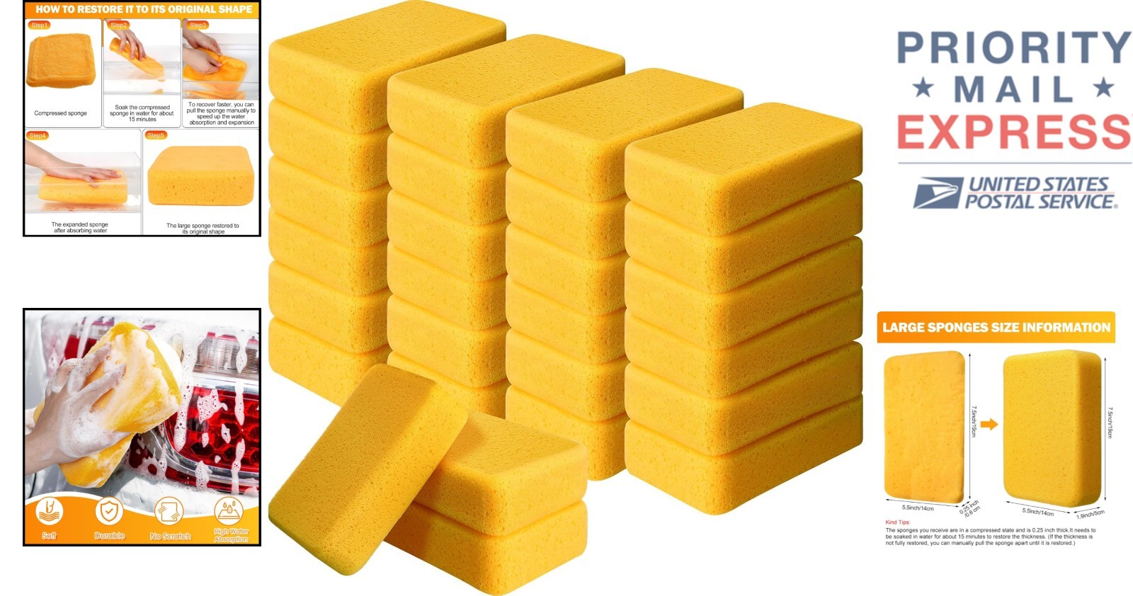 24 Large Yellow Cleaning Sponges 7.5 x 5.5 in for Efficient Household Cleaning
