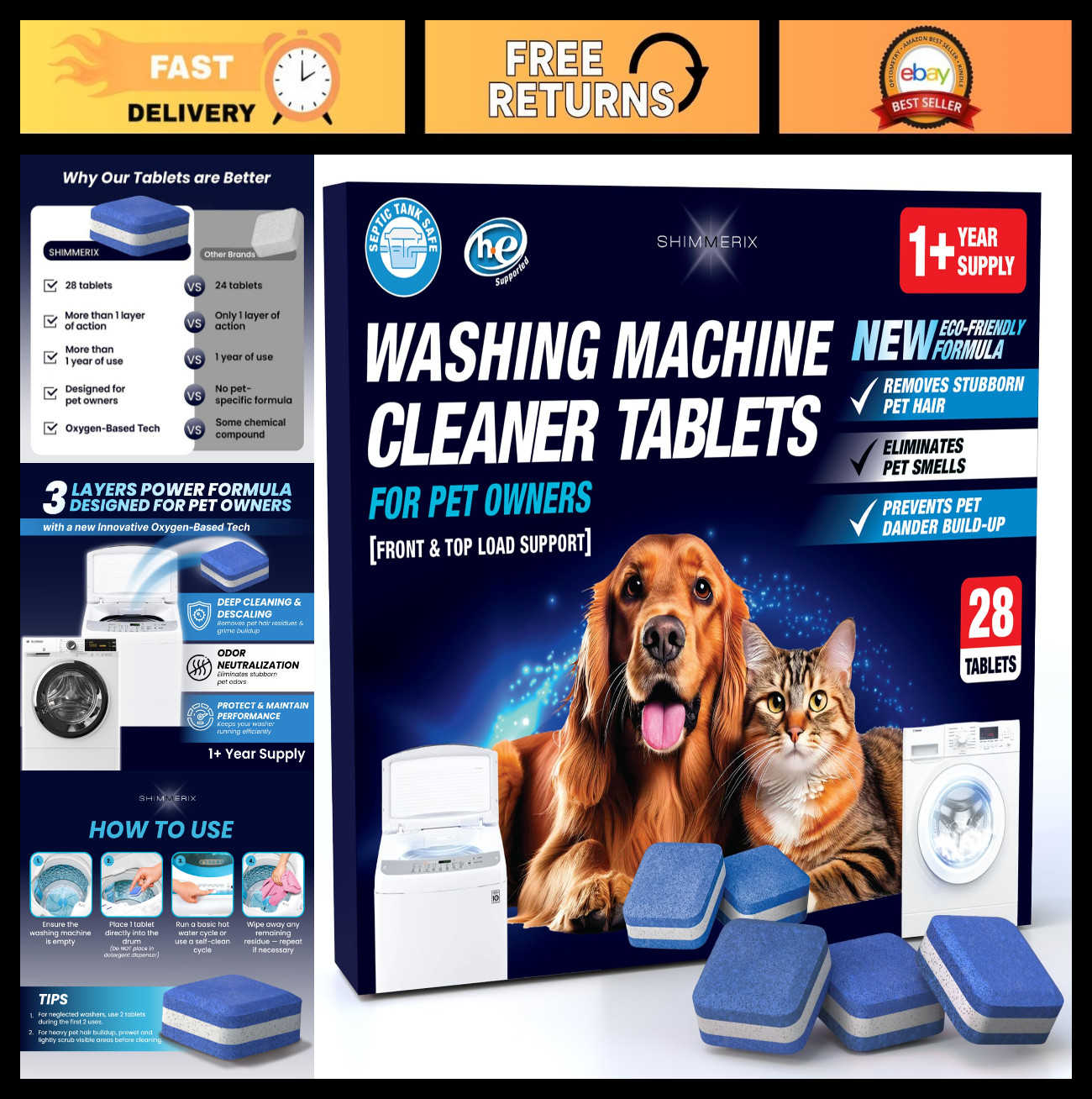 Washing Machine Cleaner Tablets – 28 Pack, Deep Clean Front & Top Load, Pet Hair