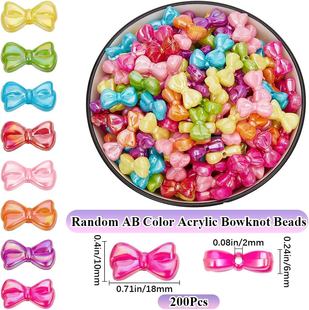 200Pcs Bowknot Beads Acrylic Bow Bead Bulk Colorful Pink Blue Green Opaque Butte