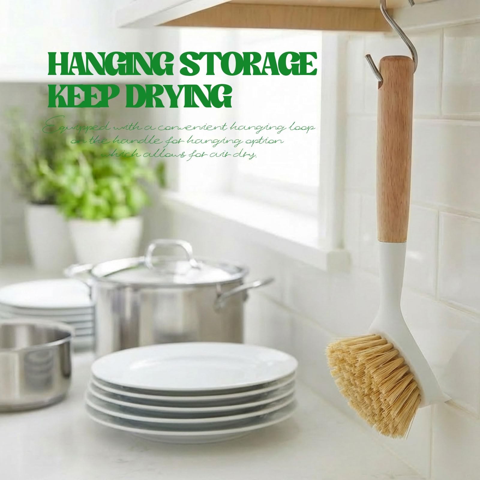 Yellow Wood Handle Dish Scrub Brush Builtin Scraper Pans Pots Kitchen