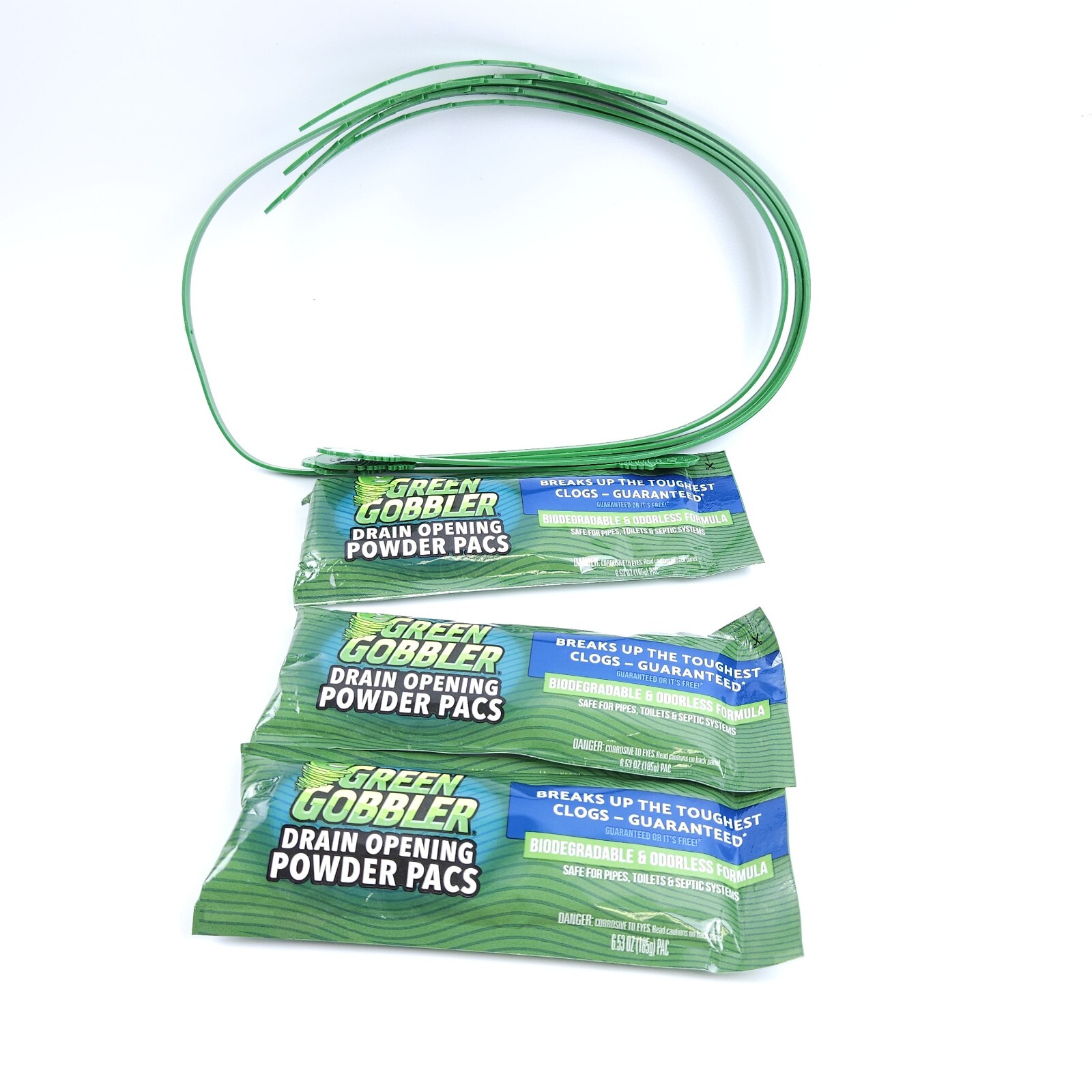 Green Gobbler Drain Clog Remover Powder 3 Packs & 3 Snakes Lime Scented Cleaner